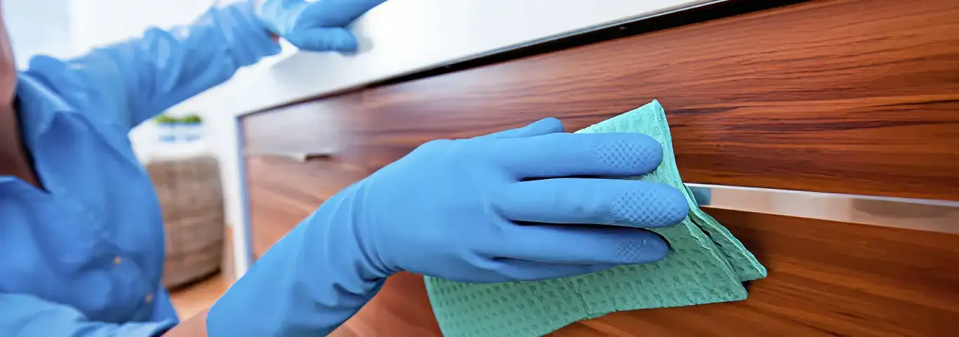 Cleaner wearing blue gloves wiping a wooden cabinet drawer with a microfiber cloth for dust and grime removal, Santa Ana, CA.