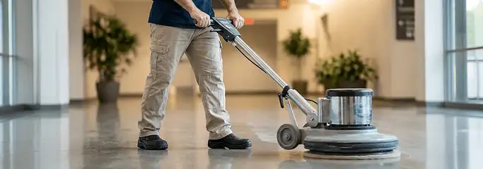 Professional technician using an industrial floor buffer to polish and maintain shiny commercial flooring in a corporate hallway in Santa Ana, CA.