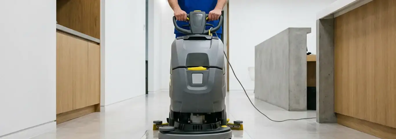 Janitorial staff using a floor scrubber machine to clean a commercial hallway, Santa Ana, CA.