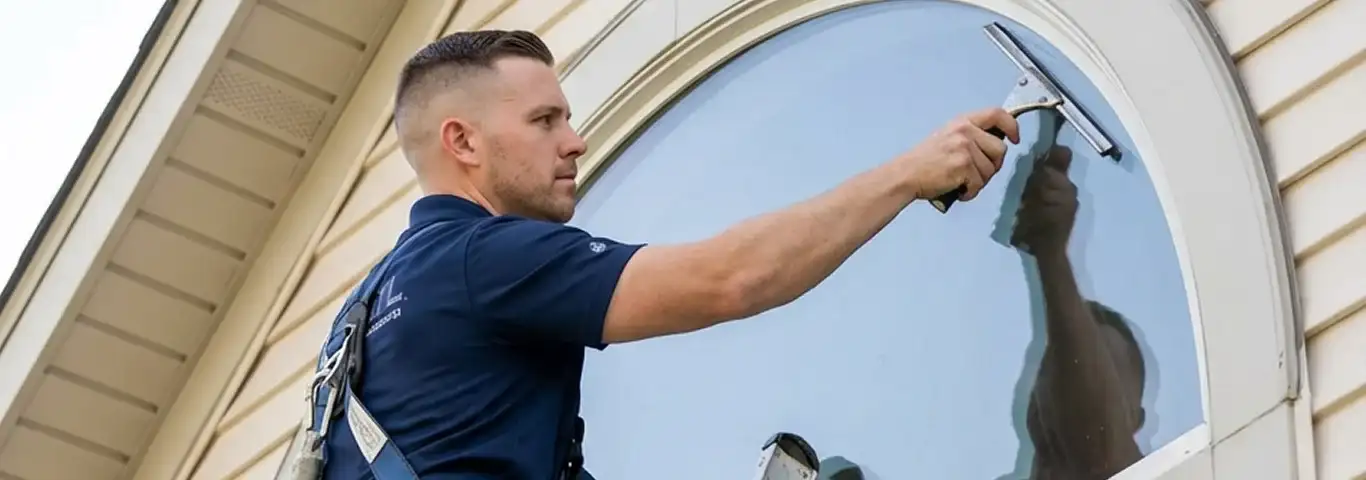 Professional window cleaner using a squeegee to clean an exterior arched window on a home, Santa Ana, CA.