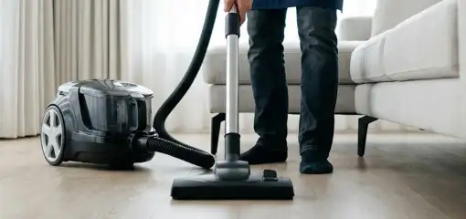 Professional house cleaner vacuuming a living room floor with a canister vacuum cleaner, Santa Ana, CA.