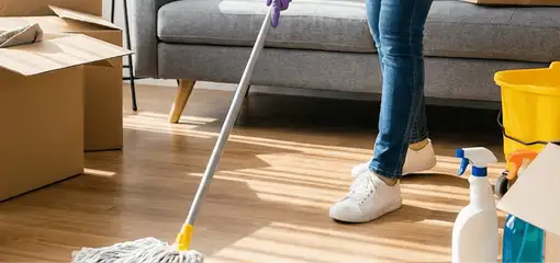 Move-out cleaning setup with a cleaner mopping hardwood floors near moving boxes and cleaning supplies, Santa Ana, CA.