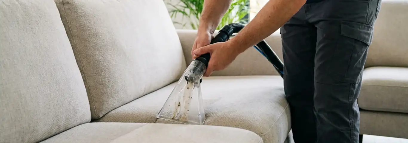 Technician extracting dirt and moisture from a fabric sofa with an upholstery cleaning wand, Santa Ana, CA.