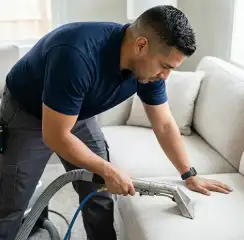 Professional upholstery cleaning technician using an extraction wand to deep-clean a fabric sofa, Santa Ana, CA.