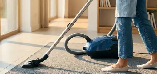 Person vacuuming a living room rug with a canister vacuum cleaner near large windows, Santa Ana, CA.